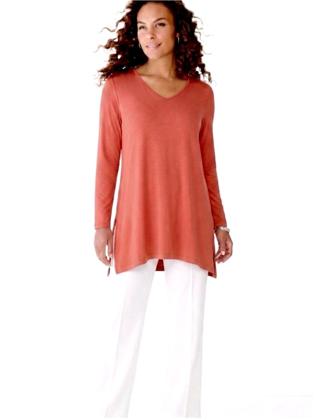 SOFT SURROUNDINGS LONG SWING TOP 1X/2X CORAL V NECK STRETCH COASTAL LAGENLOOK